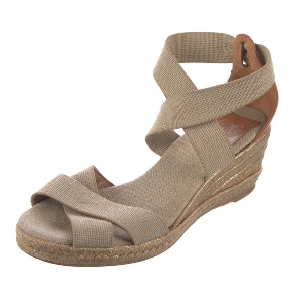 Tory Burch Canvas Espadrilles Wedges Tan Gold Size 6B - Picture 1 of 12